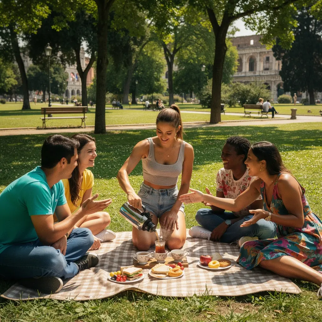 Una selezione di tazze di tè con varie infusioni e biscotti accanto.
