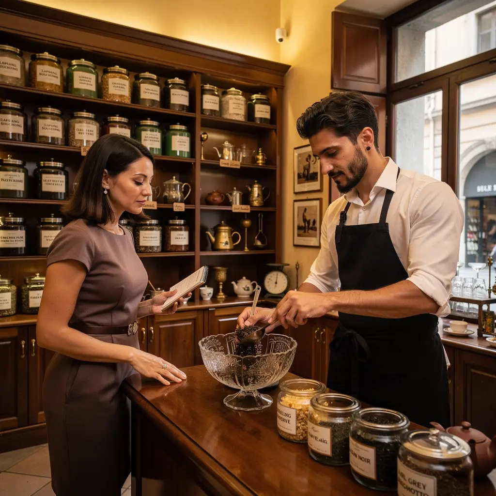 Un piatto di dolcetti assortiti accanto a una teiera e tazze di tè.