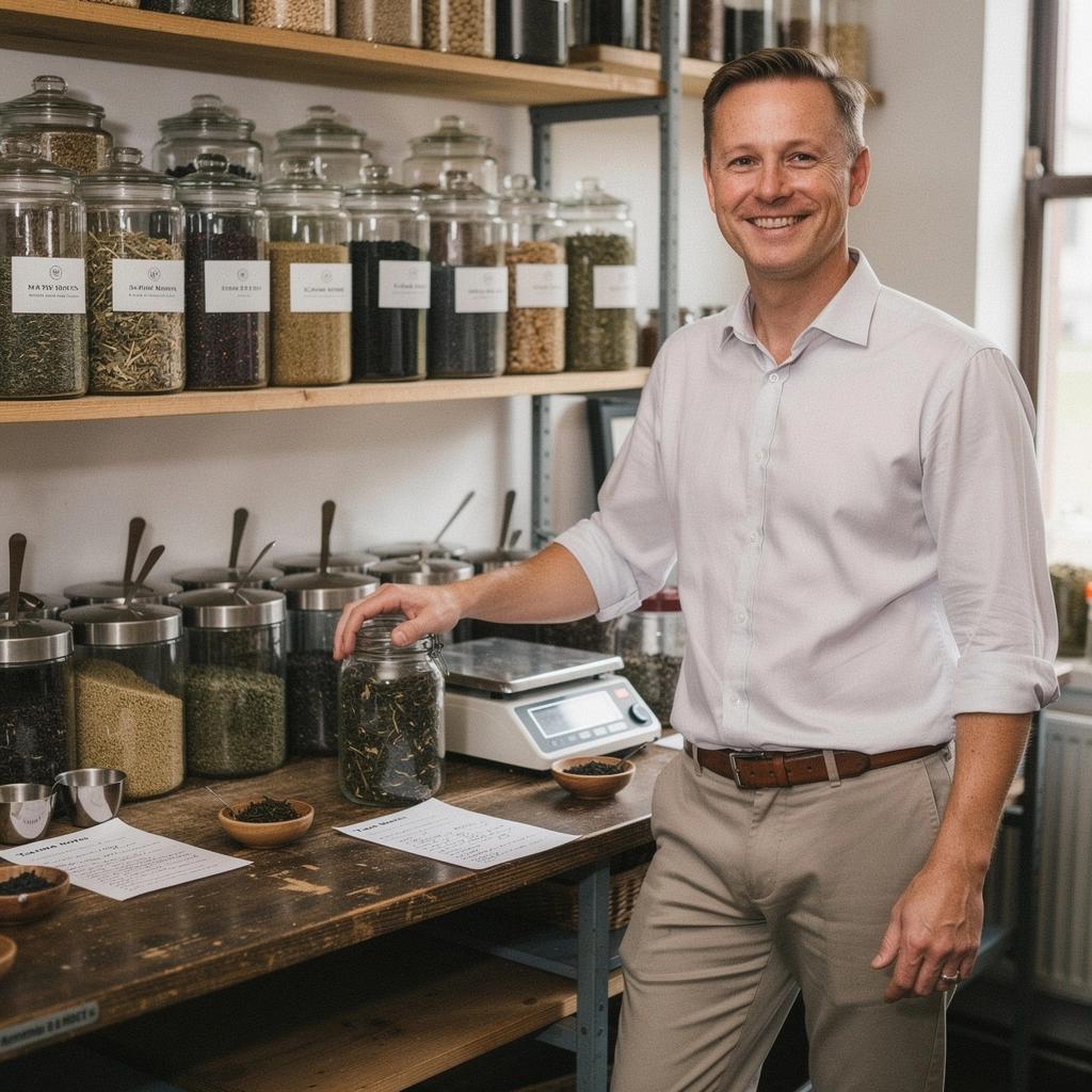 Una tazza di tè fumante con erbe aromatiche fresche intorno.