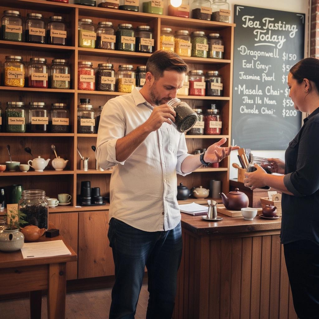 Un teiera in ceramica con infusore e foglie di tè sparse sul tavolo.